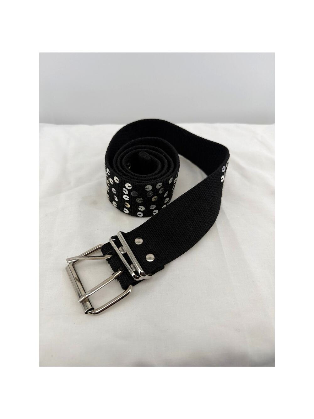 Black Sequin Belt Wide Canvas Statement Streetwear Silver Buckle  Y2K Goth